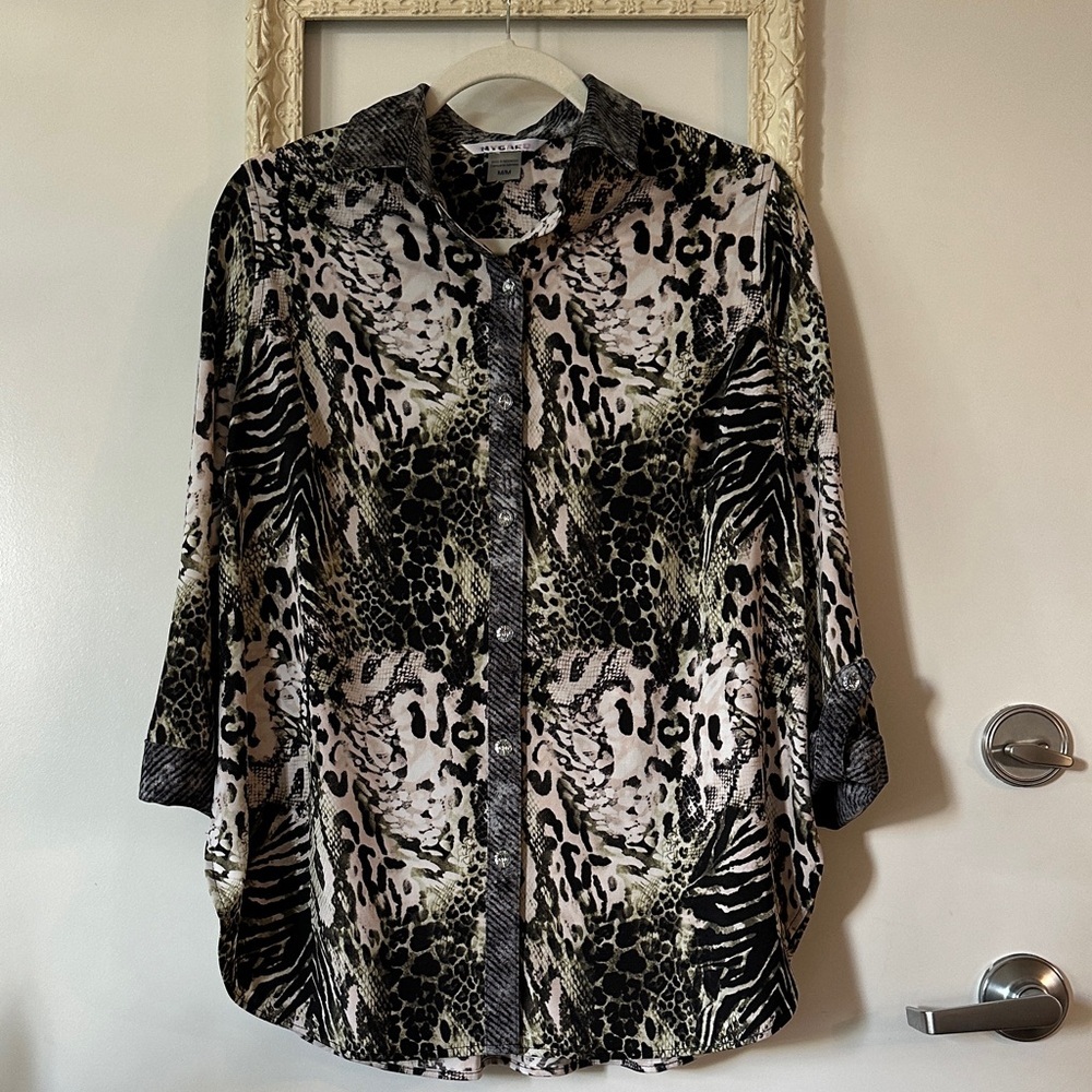 PETER NYGARD | Mixed Animal Print Faux Diamond Button Down Shirt